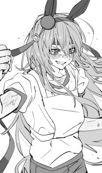 Rule 34 | 1girl, animal ears, bare arms, blush, clenched hand, cowboy shot, eyelashes, greyscale, grin, gym shorts, hair between eyes, hair ornament, hairband, happy, headband, highres, horse ears, horse girl, horse tail, long hair between eyes, looking ahead, lut01, monochrome, puffy short sleeves, puffy sleeves, shirt, short shorts, short sleeves, shorts, simple background, smile, solo, sphere hair ornament, standing, supokon! sports wear complex, sweat, t-shirt, tail, tamamo cross (umamusume), umamusume, v-shaped eyebrows, vest, white background