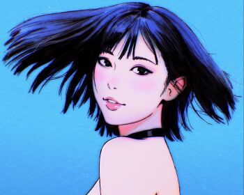 1girl bare_shoulders black_choker black_eyes black_hair blue_background choker commentary english_commentary highres ilya_kuvshinov looking_at_viewer original parted_lips short_hair simple_background upper_body