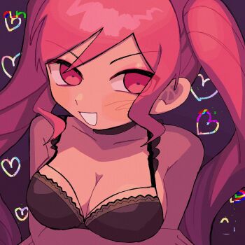 1girl alternate_costume arms_under_breasts black_bra blush bra breast_lift breasts cleavage collarbone commentary double-parted_bangs eyeshadow hair_between_eyes highres large_breasts long_hair looking_at_viewer makeup omori open_mouth pink_eyes pink_eyeshadow pink_hair sidelocks smile solo sweetheart_(omori) symbol-only_commentary twintails underwear upper_body yksm_oe