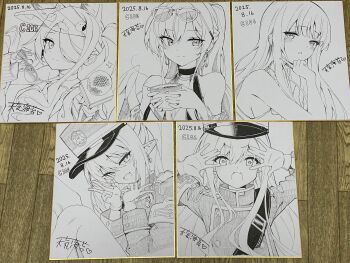 2025 5girls :d \||/ absurdres animal_ear_fluff animal_ears armband bare_shoulders bikini blue_archive blunt_bangs blush blush_stickers closed_mouth comiket_106 commentary_request cup dated double_v extra_ears eyes_visible_through_hair eyewear_on_head fang feathered_wings fox_ears fox_girl gloves hair_down hair_over_one_eye hand_up hands_up hat heart highres hikari_(blue_archive) holding holding_cup holding_microphone holding_removed_eyewear index_finger_raised jacket long_sleeves looking_at_viewer microphone mika_(blue_archive) mika_(swimsuit)_(blue_archive) monochrome multiple_girls nagisa_(blue_archive) nagisa_(swimsuit)_(blue_archive) nozomi_(blue_archive) official_alternate_costume official_alternate_hairstyle one-piece_swimsuit one_eye_covered open_mouth parted_lips peaked_cap photo_(medium) seia_(blue_archive) seia_(swimsuit)_(blue_archive) shikishi siblings side_ponytail sidelocks simple_background sisters sitting skin_fang smile split_mouth steam sunglasses swimsuit tea_party_(blue_archive) tenki_nori thick_eyebrows tsurime twins unworn_eyewear upper_body v v-shaped_eyebrows visor_cap white_background wings