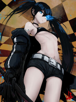 1girl absurdres belt bikini bikini_top_only black_bra black_choker black_coat black_gloves black_hair black_rock_shooter black_rock_shooter_(character) black_shorts blue_eyes bra breasts checkered_background choker closed_mouth coat commentary_request cowboy_shot flaming_eye from_below gloves hair_between_eyes highres holding holding_sword holding_weapon hylran0427 jacket long_hair looking_at_viewer midriff navel off-shoulder_jacket off_shoulder open_clothes open_coat open_jacket short_shorts shorts small_breasts solo standing stomach swimsuit sword twintails underwear very_long_hair watermark weapon white_belt