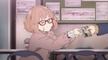 >_< 10s 1girl animated animated_gif anime_screenshot bandages blush bulletin_board cardigan chair chopsticks closed_eyes glasses instant_noodles kuriyama_mirai kyoukai_no_kanata lowres money nissin_cup_noodle orange_hair pink_hair red-framed_eyewear short_hair sitting solo_focus table