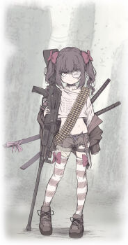 1girl ammunition_belt arm_at_side assault_rifle black_hair black_panties blunt_bangs bow bow_legwear bow_panties brown_cardigan brown_shoes brown_shorts cardigan closed_mouth collarbone commentary_request crop_top cropped_shirt dot_nose expressionless eyepatch fallenshadow full_body gun hair_bow hair_ornament hand_up highres holding holding_gun holding_weapon indie_virtual_youtuber katana knife long_sleeves medical_eyepatch medium_hair midriff muted_color off-shoulder_shirt off_shoulder one_eye_covered open_clothes open_fly open_shorts panties petite pettan_(zeez4743) red_bow rifle sheath sheathed shirt shoes short_shorts shorts sleeves_past_wrists solo split_mouth standing striped_clothes striped_thighhighs sword thigh_strap thighhighs twintails underwear variant_set virtual_youtuber weapon white_shirt x_hair_ornament