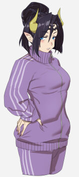 1girl black_hair black_horns breasts cosplay demon_girl demon_horns digimon digimon_(creature) digimon_card_game digimon_liberator facial_mark forehead_mark grey_background hair_bun highres horns jacket large_breasts pants purple_jacket purple_pants purple_track_suit simple_background solo taira_(tairamon) track_suit violet_inboots violet_inboots_(cosplay)