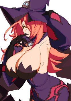 1girl 3amsoda arc_system_works armpits black_sclera blazblue breasts cleavage colored_sclera hair_over_one_eye hat highres konoe_a._mercury large_breasts long_hair pink_hair solo witch_hat