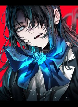 Rule 34 | 1girl, ado (utaite), black hair, blue bow, blue bowtie, blue eyes, bow, bowtie, chando (ado), commentary request, gunjyou (gunjyou 00), hair over one eye, highres, letterboxed, long hair, looking at viewer, mole, mole under eye, one eye closed, open mouth, red background, shirt, solo, teeth, upper body, upper teeth only, white shirt