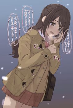1girl bag black_background blue_background bow bowtie breath brown_bag brown_coat brown_eyes brown_hair brown_jacket brown_skirt calling cellphone coat collared_shirt commentary_request cowboy_shot duffy gradient_background highres holding holding_phone idolmaster idolmaster_cinderella_girls jacket long_hair long_sleeves open_clothes open_coat open_mouth phone plaid_clothes plaid_skirt red_bow red_bowtie school_bag school_uniform shimamura_uzuki shirt skirt smartphone smile snowing solo white_shirt