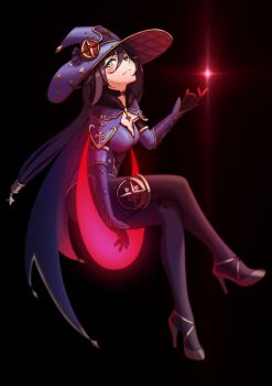 1girl absurdres aqua_eyes black_hair black_pantyhose breasts capelet commentary crescent crescent_hat_ornament from_side full_body fur-trimmed_collar fur_trim genshin_impact hat hat_ornament high_heels highres invisible_chair jewelry jxin leotard long_hair looking_at_viewer mona_(genshin_impact) pantyhose purple_capelet purple_hat purple_leotard sitting solo star_pendant thighlet witch_hat