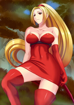 1girl blonde_hair boots breasts cleavage elbow_gloves female_focus forest from_below gloves highres long_hair nature ponytail red_eyes red_glove red_thighhighs ryourou_(edexigerero) shynesslady single_elbow_glove smile solo star_ocean star_ocean:_the_second_story thigh_boots thighhighs