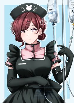 1girl apron averting_eyes black_apron black_gloves black_hat blue_background border breasts brown_eyes brown_hair closed_mouth commentary_request double_bun dress drop_shadow elbow_gloves frilled_apron frills gloves hair_bun hair_ornament hairclip hat highres higuchi_madoka idolmaster idolmaster_shiny_colors intravenous_drip large_breasts light_frown looking_to_the_side maid_apron mole mole_under_eye noochan_chonoda nurse nurse_cap outside_border parallel_hairclips pink_dress short_hair short_sleeves solo split_mouth upper_body white_border x_hair_ornament