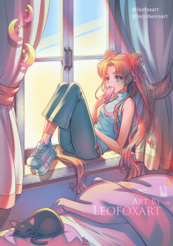 Rule 34 | 1girl, absurdres, animal, artist name, bare shoulders, bed, bishoujo senshi sailor moon, bishoujo senshi sailor moon crystal, black cat, blanket, blonde hair, blue eyes, blue pants, blue shirt, cat, cellphone, commentary, covering own mouth, crescent, crescent facial mark, curtains, double bun, dusk, facial mark, full body, hair bun, highres, holding, holding phone, leofoxart, long hair, looking to the side, luna (sailor moon), pants, phone, shirt, shoes, sitting, sitting in window, sleeping, sleeveless, sleeveless shirt, smartphone, sneakers, tsukino usagi, turtleneck, turtleneck shirt, twintails, very long hair, white footwear, window