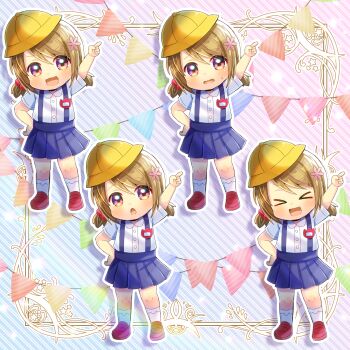 &gt;_&lt; 1girl :d blue_skirt blush brown_hair chibi closed_eyes collared_shirt commentary_request commission diagonal-striped_background dress_shirt hat kou_hiyoyo loafers low_twintails multiple_views name_tag open_mouth original pennant pleated_skirt purple_eyes red_shoes school_hat shirt shoes short_sleeves short_twintails skeb_commission skirt small_sweatdrop smile socks standing string_of_flags striped_background suspender_skirt suspenders sweat tilted_headwear twintails wavy_mouth white_shirt white_socks xd yellow_hat