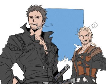 2boys armor beard_stubble black_gloves black_jacket blonde_hair blue_background border brown_hair cidolfus_telamon cigarette commentary_request facial_hair final_fantasy final_fantasy_xvi furrowed_brow garbage_paper gav_(ff16) gloves highres jacket korean_commentary low_ponytail male_focus multiple_boys open_mouth ponytail short_hair shoulder_armor smoking spoken_sweatdrop stubble sweatdrop sword upper_body weapon white_border