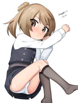 Rule 34 | 1girl, absurdres, black dress, breasts, collared shirt, commentary request, dated, donut hair bun, double bun, dress, dress shirt, grey socks, hair bun, highres, kantai collection, looking at viewer, lying, maru (marg0613), medium breasts, michishio (kancolle), michishio kai ni (kancolle), on side, one-hour drawing challenge, panties, pinafore dress, shirt, short twintails, simple background, sleeveless, sleeveless dress, socks, solo, twintails, twitter username, underwear, white background, white panties, white shirt