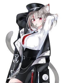 1girl ae_yong021 animal_ear_fluff animal_ears arm_out_of_sleeve arms_up belt black_belt black_coat black_hat black_skirt breasts cat_ears cat_girl cat_tail center_frills coat coat_partially_removed commentary_request commission corrupted_twitter_file cowboy_shot double-parted_bangs frilled_shirt frills hair_ornament hair_tie hair_tie_in_mouth hairclip hat highres korean_commentary large_breasts looking_back looking_to_the_side mouth_hold multicolored_hair necktie neneko_mashiro parallel_hairclips parted_lips red_eyes red_necktie second-party_source shirt shirt_tucked_in simple_background skirt solo stellive streaked_hair tail tying_hair virtual_youtuber white_background white_mouth