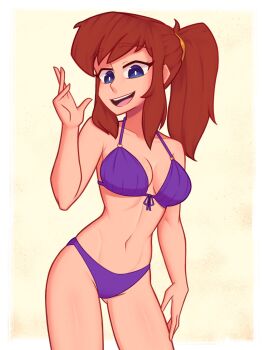 1girl a_hat_in_time absurdres aged_up bikini blue_eyes breasts brown_hair collarbone commentary cowboy_shot english_commentary hair_tie hat_kid highres looking_at_viewer navel open_mouth ponytail purple_bikini sidelocks smile solo swimsuit teeth upper_teeth_only xyronii