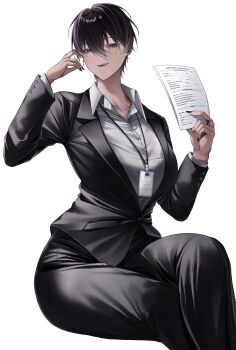 1girl absurdres black_hair black_jacket black_nails black_pants black_suit breasts brown_eyes commentary cross cross_earrings crossdressing crossdressing_(ftm) earrings english_commentary formal_clothes hair_between_eyes highres holding holding_paper id_card jacket jewelry large_breasts long_sleeves may_(ulularts) mole mole_under_eye multicolored_hair open_mouth original pants paper shirt short_hair solo streaked_hair suit ulularts white_shirt