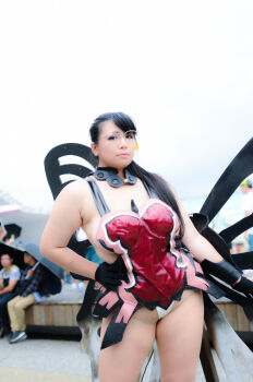 Rule 34 | 1girl, asian, black hair, breasts, butterfly wings, cattleya (queen's blade), cattleya (queen's blade) (cosplay), chouzuki maryou, cosplay, gauntlets, glasses, gloves, insect wings, large breasts, lipstick, makeup, photo (medium), plump, queen's blade, solo, thick thighs, thighs, wings