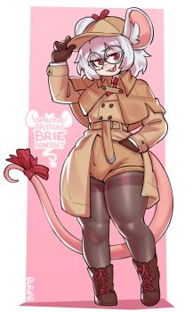 1girl absurdres adjusting_clothes adjusting_headwear animal_ears artist_name black_pantyhose boots border borvar bow brown_boots brown_coat brown_gloves brown_hat brown_shorts character_name coat commentary detective double-parted_bangs english_commentary full_body glasses gloves hand_up hat highres long_sleeves looking_at_viewer mouse_ears mouse_girl mouse_tail open_mouth original outside_border pantyhose pink_background red_bow red_eyes round_eyewear short_hair shorts smile solo standing tail tail_bow tail_ornament teeth thighband_pantyhose upper_teeth_only white_border white_hair
