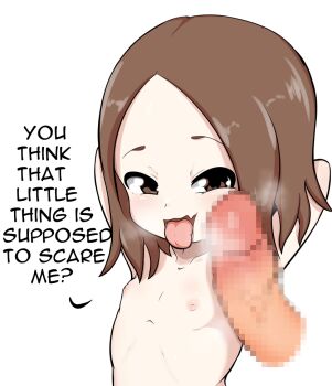 1boy 1girl age_difference arms_behind_head arms_up backstreetgirl breath brown_eyes brown_hair censored cheek_press disembodied_penis english_text erection facejob fang flat_chest forehead inverted_nipples karakai_jouzu_no_takagi-san loli looking_at_viewer medium_hair mosaic_censoring naughty_face nipples nishikata_chii nude open_mouth pale_skin parted_bangs penis penis_on_cheek simple_background skin_fang smile talking tongue tongue_out upper_body white_background