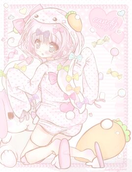 1girl absurdres animal_hood animal_slippers blue_eyes blush bow bunny_slippers candy carrot_hair_ornament doll_joints food food-themed_hair_ornament full_body hair_bow hair_ornament heart highres hood hood_bow hooded_jacket jacket joints junior_(littletoypiano) kneeling lollipop looking_back marshmallow original pastel_colors pink_bow pink_hair pink_jacket pink_shorts pink_slippers polka_dot polka_dot_jacket polka_dot_shorts purple_bow rabbit_hood shorts signature sleeves_past_fingers sleeves_past_wrists slippers solo stuffed_animal stuffed_carrot stuffed_rabbit stuffed_toy swirl_lollipop