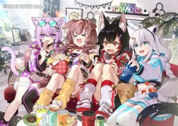 >_< 4girls :d ahoge animal_collar animal_ear_fluff animal_ear_piercing animal_ears aqua_eyes aqua_hoodie aqua_nails asymmetrical_legwear bell belt black_belt black_collar black_hair black_socks black_thighhighs blue-tinted_eyewear braid cat_ears cat_girl cat_tail collar commentary_request controller copyright_notice couch crop_top cropped_hoodie cropped_jacket cross-laced_clothes cross-laced_top crossed_arms cup day dog_ears dog_girl dog_tail double-parted_bangs eyewear_on_head food fox_ears fox_girl fox_tail game_controller hair_between_eyes hair_ornament hair_over_shoulder hairclip headphones headphones_around_neck high_ponytail holding holding_controller holding_cup holding_food holding_game_controller hololive hololive_gamers hood hooded_jacket hoodie implied_extra_ears indoors inugami_korone jacket jingle_bell knees_together_feet_apart knees_up leg_warmers long_hair low_twin_braids midriff miniskirt multicolored_hair multiple_girls nail_polish navel nekomata_okayu official_alternate_costume official_art on_couch ookami_mio open_mouth orange_belt ponytail popcorn purple_eyes purple_hair red_collar red_hair red_jacket red_nails round_eyewear sacanahen shirakami_fubuki shirt shoes short_hair ankle_socks shorts side_braid sidelocks single_braid single_thighhigh sitting skirt slice_of_life smile sneakers socks streaked_hair sunglasses tail tail_around_own_leg thigh_strap thighhighs tinted_eyewear toeless_footwear twin_braids uneven_legwear virtual_youtuber wavy_mouth white_hair white_jacket white_leg_warmers white_shirt white_shorts white_skirt white_thighhighs wolf_ears wolf_girl wolf_tail x_hair_ornament yellow_eyes yellow_leg_warmers yellow_nails