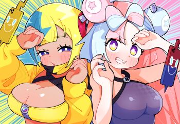2girls aqua_hair blonde_hair blue_eyes blue_hair bow-shaped_hair breasts canari_(pokemon) character_hair_ornament cleavage dark-skinned_female dark_skin gen_4_pokemon gram_9 hair_ornament hands_up highres iono_(pokemon) jacket long_hair long_sleeves looking_at_viewer mask mouth_mask multicolored_hair multiple_girls nintendo pink_hair pokemon rotom rotom_phone sharp_teeth split-color_hair teeth two-tone_hair two-tone_mask upper_body yellow_jacket zipper