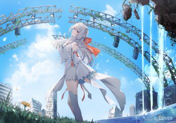 Rule 34 | 1girl, ahoge, animal ear piercing, animal ears, blue sky, cloud, commentary request, copyright notice, day, detached sleeves, dress, frilled dress, frilled sleeves, frills, from side, grey eyes, grey hair, hair between eyes, hand up, hololive, lion ears, lion tail, long hair, long sleeves, looking at viewer, official art, outdoors, over-kneehighs, shishiro botan, single over-kneehigh, single thighhigh, sky, sleeveless, sleeveless dress, solo, standing, tail, thighhighs, tomari (veryberry00), virtual youtuber, white dress, white thighhighs, wide sleeves