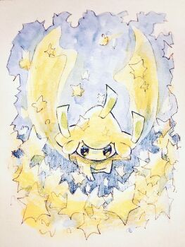 Rule 34 | floating, full body, gen 3 pokemon, jirachi, legendary pokemon, mythical pokemon, nintendo, no humans, non (kumakawayusu), painting (medium), pokemon, pokemon (creature), simple background, solo, star (symbol), tanzaku, traditional media, watercolor (medium)