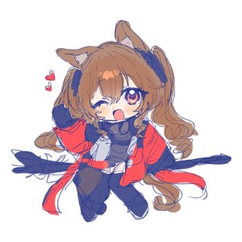 Rule 34 | 1girl, :d, angelina (arknights), animal ear fluff, animal ears, arknights, arknights: endfield, black gloves, black thighhighs, blush stickers, brown hair, commentary request, deformed, dress, fox ears, fox girl, full body, gilberta (arknights), gloves, grey dress, heart, high collar, highres, holding, holding staff, long hair, long sleeves, looking at viewer, mc00, one eye closed, open mouth, orange eyes, simple background, smile, solo, staff, staff riding, thighhighs, twintails, waving, white background