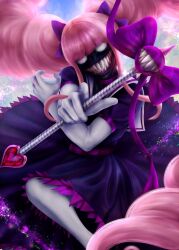 Rule 34 | 1girl, absurdres, alien, black dress, bow, dress, elbow gloves, gloves, hair bow, highres, magical girl, marvel, necroko, pink hair, purple bow, sharp teeth, spider-man (series), symbiote, teeth, thighhighs, twintails, venom (marvel), wand, white eyes, white gloves, white thighhighs