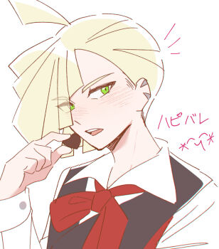 Rule 34 | 1boy, ahoge, black vest, blonde hair, blush, bow, bowtie, chocolate, collared shirt, commentary, eating, food, gladion (pokemon), green eyes, hand up, highres, holding, holding chocolate, holding food, looking at viewer, male focus, mocacoffee 1001, nintendo, open mouth, pokemon, pokemon (anime), pokemon sm (anime), red bow, red bowtie, shirt, short hair, solo, teeth, translation request, untranslatable commentary, upper body, upper teeth only, vest, white background, white shirt