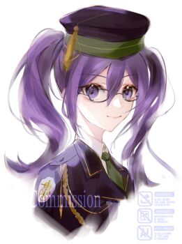 commentary commission cropped_torso english_commentary fate/grand_order fate_(series) glasses green_necktie hair_between_eyes hat hat_tassel lapels looking_at_viewer medium_hair necktie notched_lapels pppeipeipipi purple_eyes purple_hair sidelocks sion_eltnam_(type-moon) sion_eltnam_sokaris smile twintails