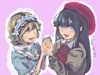 Rule 34 | 2girls, absurdres, alternate costume, artist name, beret, black hair, blue eyes, breasts, brown hair, hairband, hat, highres, holding hands, looking at viewer, multiple girls, nakoruru, open mouth, rimururu, samurai spirits, siblings, sisters, small breasts, snk, solo, teeth, tongue