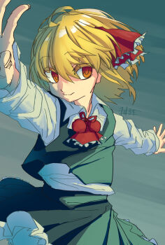 1girl ascot black_skirt black_vest blonde_hair closed_mouth collared_shirt commentary_request doggo_1d34 hair_ribbon highres long_sleeves looking_at_viewer medium_hair one-hour_drawing_challenge outstretched_arms red_ascot red_eyes red_ribbon ribbon rumia shirt signature skirt skirt_set smile solo spread_arms touhou vest white_shirt