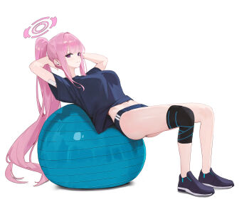 1girl alternate_costume arms_behind_head ball black_buruma black_shirt black_shoes blue_archive blush breasts buruma closed_mouth eimi_(blue_archive) exercise_ball exercising fieryonion halo highres knee_pads large_breasts long_hair pink_eyes pink_hair pink_halo ponytail shirt shoes short_sleeves sidelocks single_knee_pad smile solo t-shirt very_long_hair