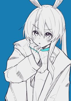 1girl :o amiya_(arknights) animal_ears arknights ascot blue_background blue_collar blush collar commentary ha_(huton_in_mach) hair_between_eyes hand_on_own_chin hatching_(texture) highres jacket jewelry linear_hatching long_hair long_sleeves looking_at_viewer multiple_rings open_clothes open_jacket parted_lips partially_colored ring sidelocks simple_background solo split_mouth upper_body