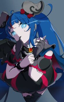 Rule 34 | 1girl, armor, black wings, blue eyes, blue hair, bow, brooch, cape, cure sky, cure sky (dark), cut bangs, dark persona, detached sleeves, dress, dress bow, earrings, fingerless gloves, glove in mouth, glove pull, gloves, grey gloves, hair ornament, highres, hirogaru sky! precure, jewelry, long hair, magical girl, mouth hold, multicolored hair, pauldrons, precure, puffy detached sleeves, puffy sleeves, red hair, shoulder armor, simple background, single pauldron, single sidelock, single wing, sleeveless, sleeveless dress, solo, sora harewataru, spiked pauldrons, spikes, streaked hair, torn cape, torn clothes, twintails, wing brooch, wing hair ornament, wings, yuduru 1008