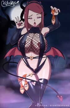 1girl areola_slip arm_up artist_name black_collar black_leotard black_panties black_shirt black_thighhighs breasts collar condom covered_erect_nipples cum demon_horns demon_wings detached_collar fake_horns fake_tail fake_wings feet_out_of_frame fellatio_gesture female_focus fishnet_top fishnets half-closed_eyes hand_up heart heart-shaped_pupils horns huge_breasts implied_hetero leotard looking_at_viewer low_wings matching_hair/eyes mature_female moon naruto_(series) naruto_shippuuden naughty_face night night_sky nightmare_hdraw open_mouth oral_invitation outdoors panties red_eyes red_hair shirt sky sleeveless sleeveless_shirt solo symbol-shaped_pupils tail thighhighs thighs tongue tongue_out underwear used_condom uzumaki_kushina variant_set wide_hips wings