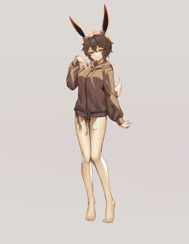 1girl absurdres animal_ears barefoot breasts brown_hair brown_hoodie commission corruption full_body grey_background half-closed_eyes hand_on_own_chest highres hood hoodie large_variant_set liquid looking_at_viewer medium_breasts naughty_face original rabbit_ears rabbit_girl rabbit_tail shen_hai_ichigo short_hair solo standing tail variant_set yellow_eyes