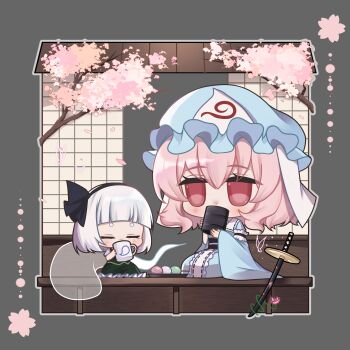 2girls absurdres black_hairband blue_hat blue_kimono blush cherry_blossoms chibi chibi_only closed_eyes commentary cup dango drinking facing_viewer falling_petals food frilled_kimono frills green_skirt green_vest grey_hair hairband hat highres hitodama holding holding_cup japanese_clothes kimono konpaku_youmu konpaku_youmu_(ghost) long_sleeves looking_at_another medium_hair mob_cap mug multiple_girls no_noru petals pink_eyes pink_hair pink_petals saigyouji_yuyuko sanshoku_dango sheath sheathed sitting skirt skirt_set sleeve_garter sword touhou triangular_headpiece vest wagashi weapon wide_sleeves yunomi