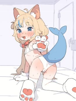 1girl all_fours animal_ears animal_hands ass bikini blonde_hair blue_eyes blue_hair blush commentary commentary_request english_commentary fins fish_tail gloves highres indie_virtual_youtuber loli long_hair looking_at_viewer mixed-language_commentary multicolored_hair open_mouth paw_gloves possummachine sameko_saba solo streaked_hair sweat swimsuit tail thighhighs white_bikini white_thighhighs