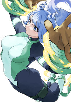 1girl absurdres blue_bodysuit blue_eyes blue_hair bodysuit boku_no_hero_academia breasts closed_mouth commentary_request drill_hair energy fengling_(furin-jp) gloves green_bodysuit hado_nejire hair_horns highres large_breasts long_hair multicolored_bodysuit revision simple_background skin_tight solo superhero_costume sweatdrop twin_drills very_long_hair white_background yellow_gloves