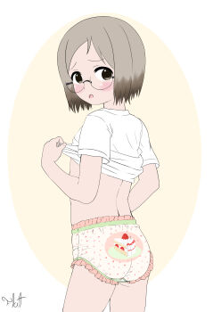 1girl blush clothes_lift flatculture ichigo_mashimaro lifting_own_clothes loli looking_at_viewer navel panties sakuragi_matsuri shirt shirt_lift short_hair standing underwear