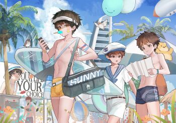 4boys aircraft bag baiyun_(13487) ball balloon beachball bird blue_male_swimwear blue_shorts blue_sky blue_swim_trunks bottle brown_hair cloud coconut coconut_tree commentary_request day dirigible duffel_bag english_text flower food green_eyes hat holding holding_bag holding_map lifebuoy male_focus male_swimwear map map_(object) mouth_hold multiple_boys navel orange_male_swimwear orange_swim_trunks original outdoors palm_tree parasol popsicle reading sailor_collar sailor_shirt shirt shorts sign sky standing star_(symbol) summer surfboard swim_ring swim_trunks swimsuit tan tanline topless_male tree umbrella water_bottle yellow_eyes yellow_shorts