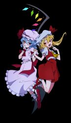 Rule 34 | 2girls, ascot, back bow, black background, black wings, blonde hair, blue hair, bow, closed mouth, crystal, fang, fang out, flandre scarlet, frilled skirt, frills, hand on own cheek, hand on own face, hat, hat ribbon, highres, holding hands, index finger raised, kei (wa shoi), legs up, long hair, looking at viewer, mob cap, multiple girls, open mouth, pink hat, pink shirt, pink skirt, pointing, pointing at self, puffy short sleeves, puffy sleeves, red ascot, red bow, red eyes, red footwear, red ribbon, red skirt, red vest, remilia scarlet, ribbon, shirt, short sleeves, side ponytail, simple background, skirt, smile, socks, touhou, vest, white hat, white shirt, white socks, wings, wrist cuffs, yellow ascot
