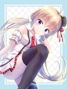 1girl absurdres ahoge bare_shoulders black_hat black_thighhighs blonde_hair blue_eyes blush breasts closed_mouth commentary cowboy_shot detached_sleeves dot_nose dress finger_to_cheek getsuyoshi hair_ornament hair_scrunchie hat hat_ribbon highres idol idol_clothes itsumura_haruka knee_up lace lace_pantyhose lace_sleeves leg_up long_hair looking_at_viewer low_twintails mini_hat mini_top_hat necktie pantyhose plaid_clothes plaid_necktie plaid_ribbon re:stage! red_necktie red_ribbon ribbon scrunchie short_dress short_necktie sleeveless sleeveless_dress small_breasts smile solo thighhighs thighs tilted_headwear top_hat twintails very_long_hair white_pantyhose white_scrunchie white_sleeves