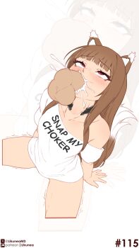 1boy 1girl absurdres animal_ear_fluff animal_ears bare_shoulders black_choker blunt_bangs blush bottomless brown_hair choker clothes_writing commentary cum cum_in_mouth cum_overflow deepthroat disembodied_penis english_commentary fang fellatio from_above hetero highres holo lace-trimmed_choker lace_trim large_penis likunea long_hair oral penis red_eyes shirt snap_my_choker_(phrase) spice_and_wolf tail uncensored white_shirt wolf_ears wolf_girl wolf_tail zoom_layer