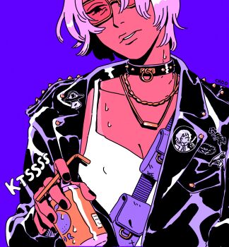 1girl androgynous artist_name badge black_eyes black_jacket black_nails blue_background breasts button_badge can chain choker choo cleavage collar colored_skin colorful drink drink_can drinking_straw glasses gold_necklace highres holding holding_can holding_drink holding_drinking_straw jacket jewelry leather leather_jacket looking_at_viewer necklace orange-framed_eyewear original parted_lips pin pink-tinted_eyewear pink_hair pink_skin purple_bag shirt short_hair simple_background soda_can solo sound_effects sunburn sunglasses sweat sweatdrop tan tank_top tanline tinted_eyewear upper_body white_shirt white_tank_top