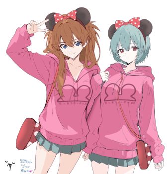 Rule 34 | 1977 oj3, 2girls, ayanami rei, collarbone, commentary request, highres, long hair, multiple girls, neon genesis evangelion, pleated skirt, short hair, simple background, skirt, souryuu asuka langley, upper body, v, white background